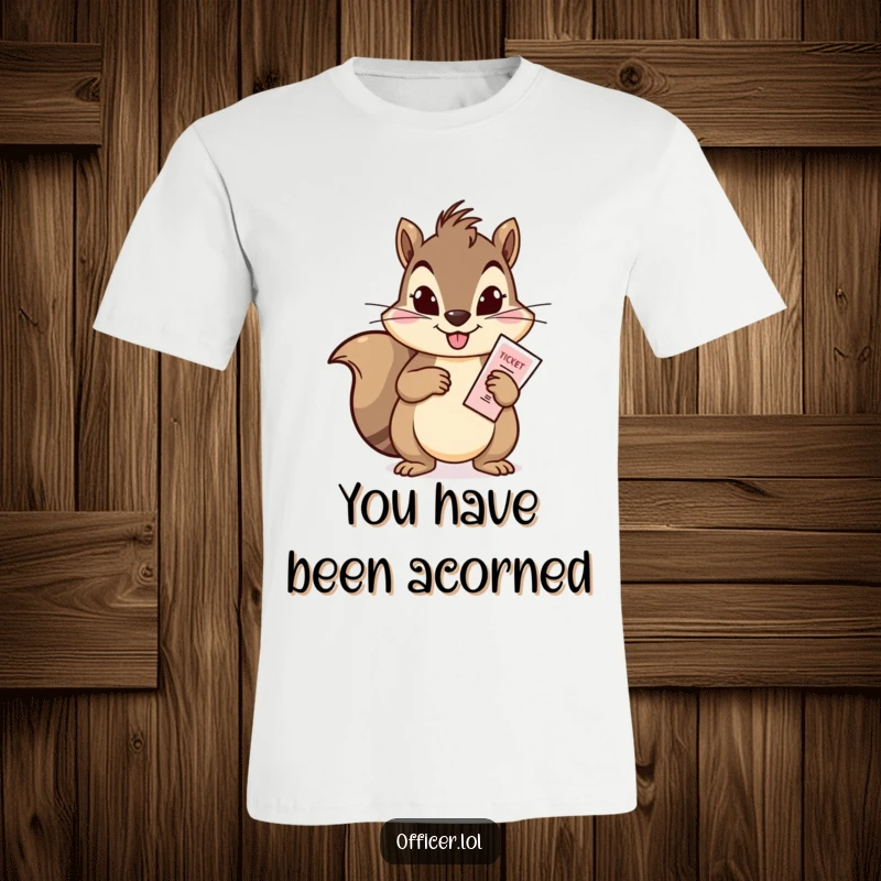 Funny t-shirt featuring a smiling squirrel issuing a parking ticket, capturing a moment of playful enforcement and mischief.