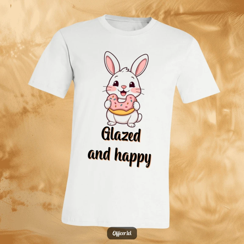 Funny t-shirt with a rabbit holding a donut, its satisfied eyes expressing pure delight and the joy of a sweet treat.