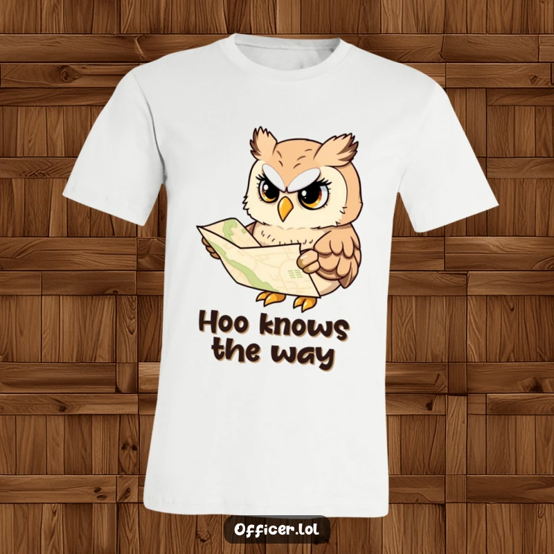 Funny t-shirt print of a focused owl with a map, displaying a serious but cheerful expression, perfect for thinkers.