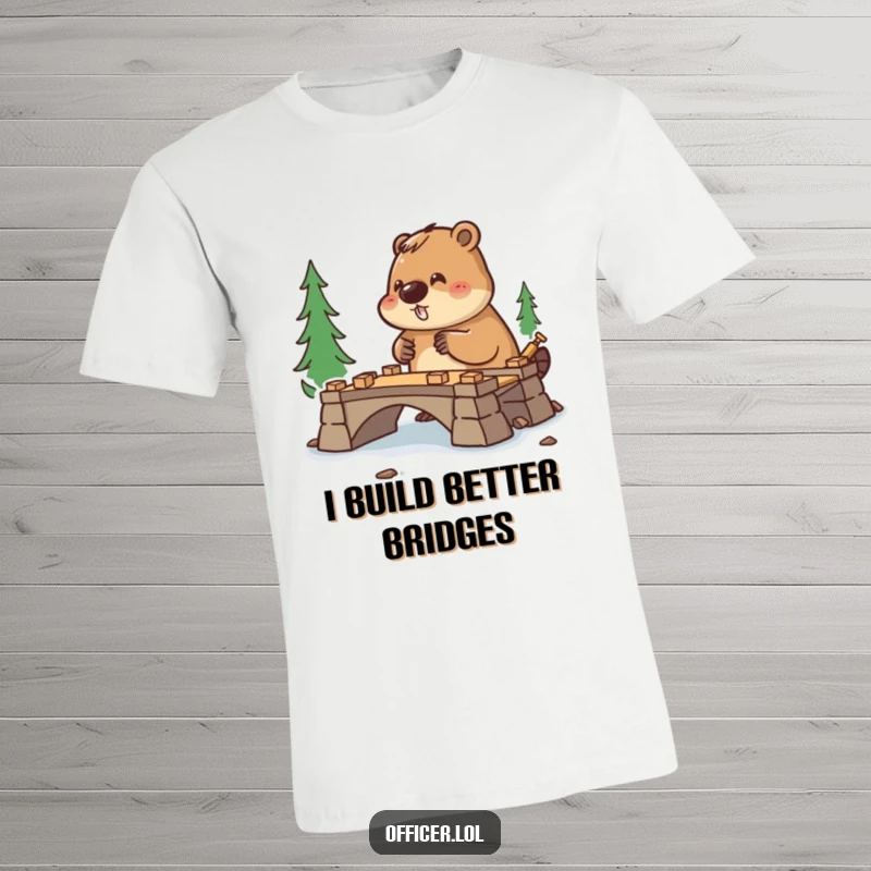 Funny t-shirt featuring a diligent beaver wearing a hard hat, managing a small bridge construction project with focus.