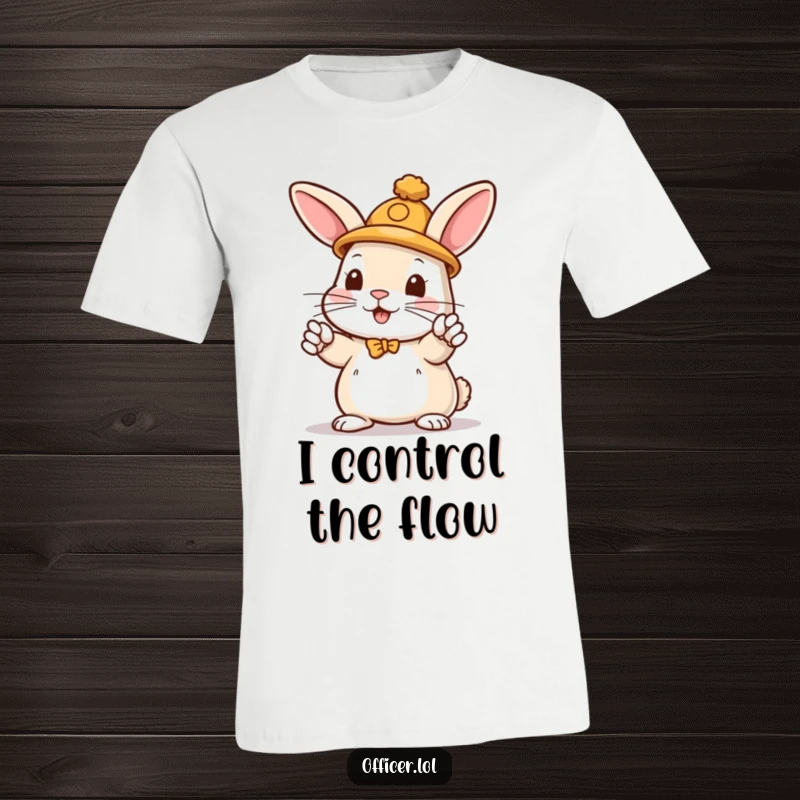 Funny t-shirt with a playful rabbit in a small hat directing traffic with energetic paws, conveying fun.