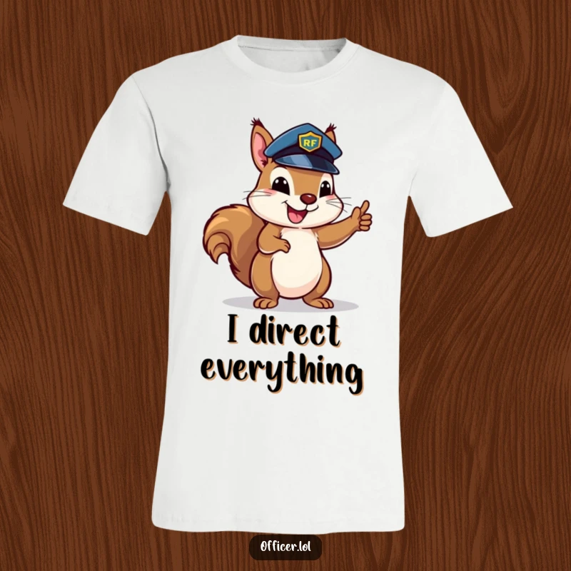 Funny squirrel wearing a tiny police hat, enthusiastically directing traffic, a humorous graphic for fans of order.