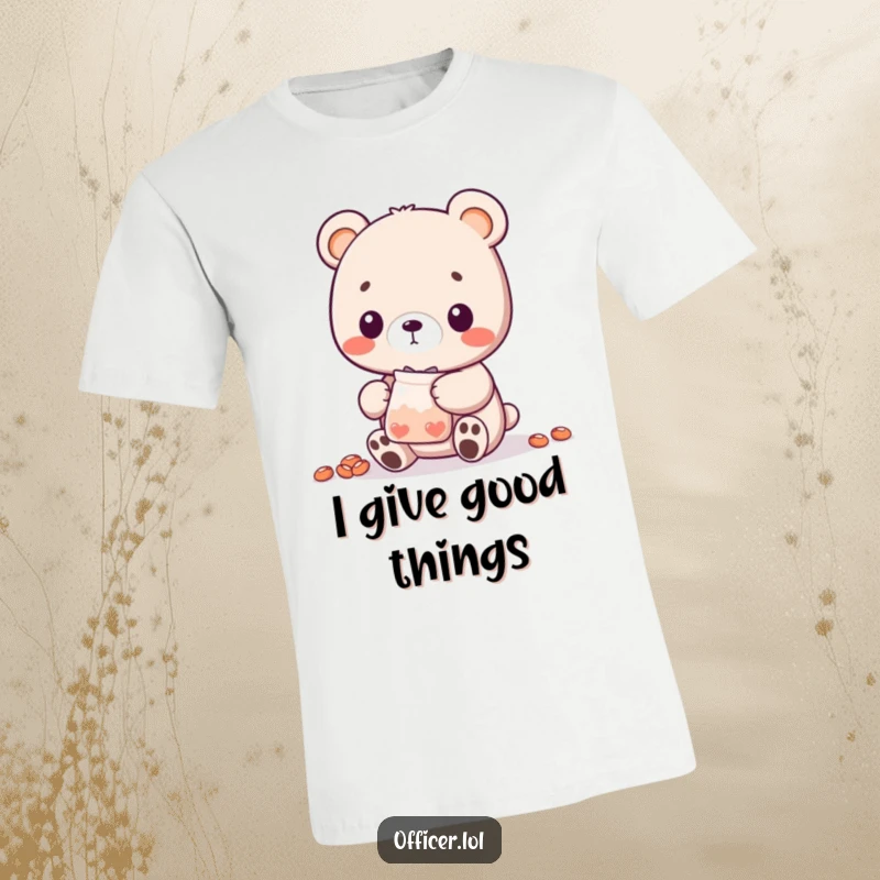 Funny Bear Cub T-Shirt: A charming bear cub character happily distributes a small bag of treats, embodying generosity and sweetness.