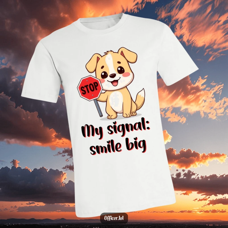 Funny stop sign dog t-shirt with a joyful cartoon dog holding a bright red stop sign, offering a friendly vibe.
