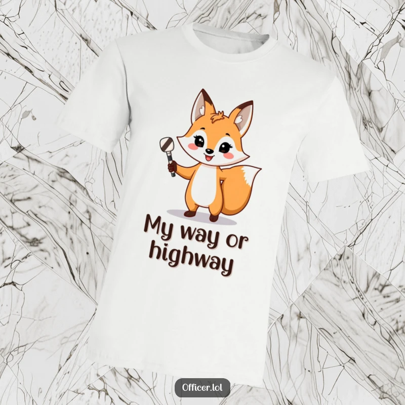 Funny fox t-shirt, confidently directing traffic with a striped baton and a big smile, playful and humorous design.