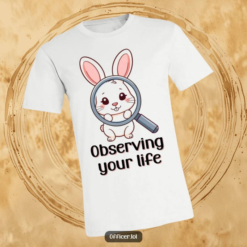 Funny t-shirt with a shy rabbit peeking from behind a large magnifying glass, illustrating a funny, curious, and observant character.