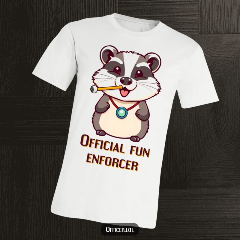 Funny t-shirt with a cheerful badger wearing a badge, blowing a whistle with a happy puff, ready for duty.