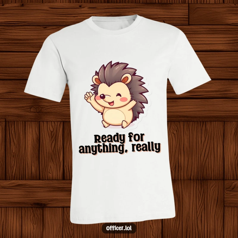 Funny T-Shirt: A tiny, cheerful hedgehog gives a happy salute with its little paws, full of playful energy.