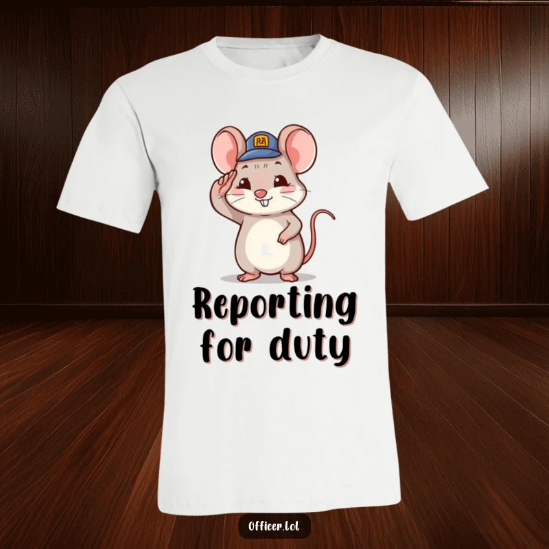 Funny tiny mouse character saluting with a tiny hat, proud smile, cute graphic tee.