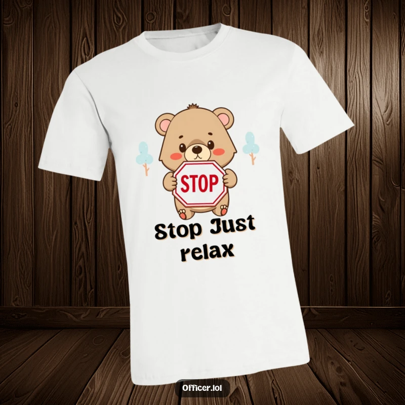 Funny t-shirt with a determined bear cub holding a STOP sign with a kind but firm look, protecting the peace.