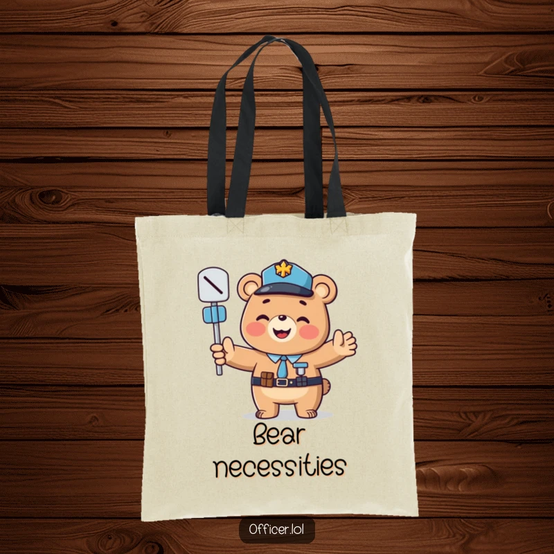 Funny tote bag: A smiling bear officer directing traffic, a friendly and funny gift.