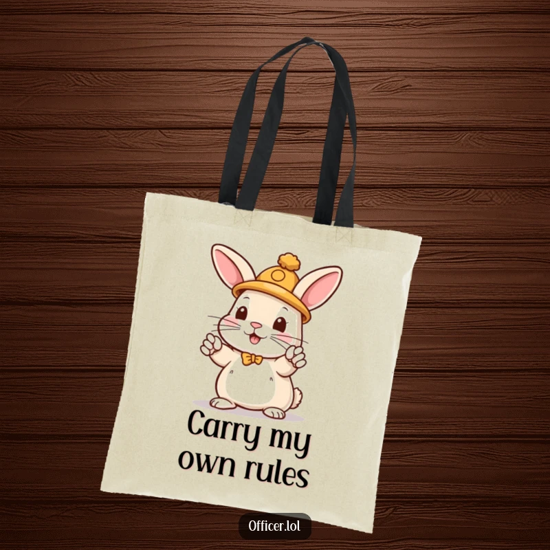 Funny tote bag with a playful rabbit in a hat directing traffic with enthusiastic paws, ready for any journey.