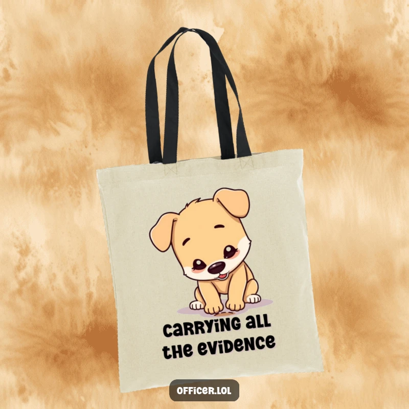 Funny Dog Tote Bag: A happy dog character appears to be examining a tiny footprint with intense concentration, ready for an investigation.