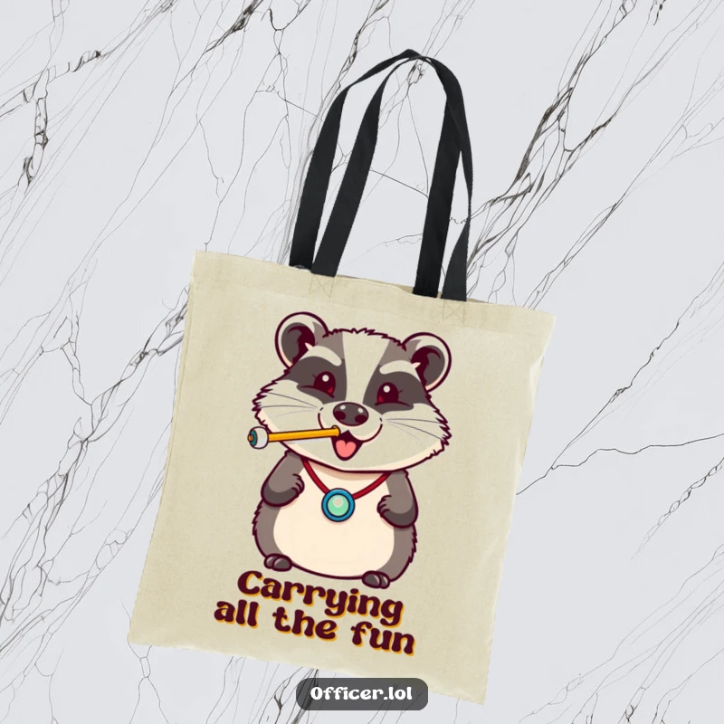 Funny tote bag showcasing a cheerful badger with a badge, blowing a whistle with a happy puff, ready for action.