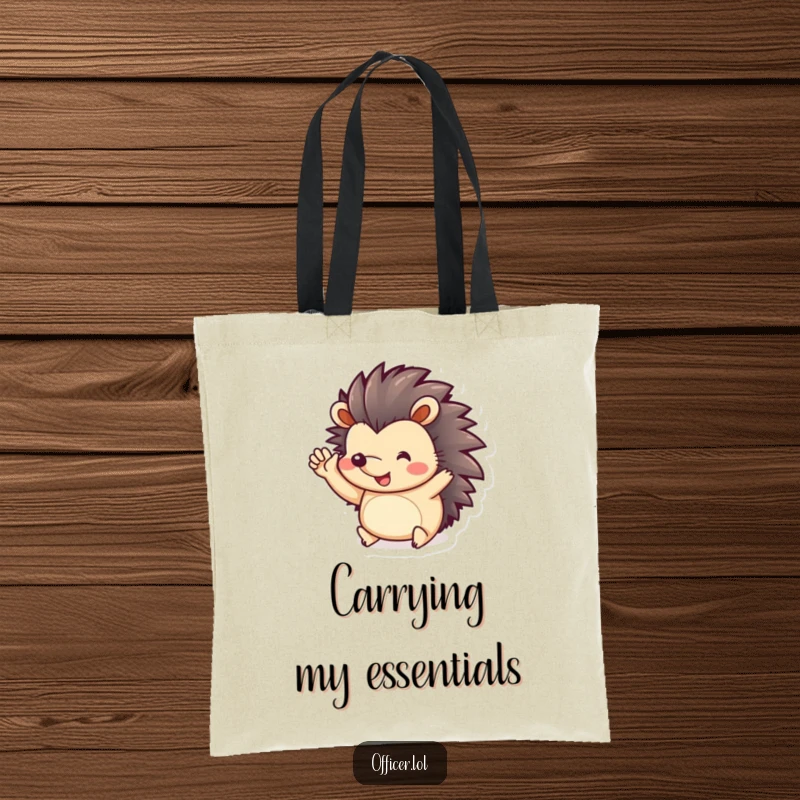 Funny Tote Bag: Playful hedgehog extends tiny paws in a happy salute, perfect for carrying essentials with cheer.