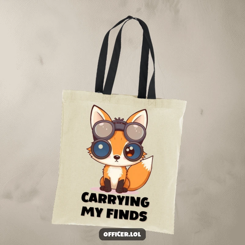 A curious fox holding oversized binoculars, featured on a tote bag for carrying items while exploring with keen interest.