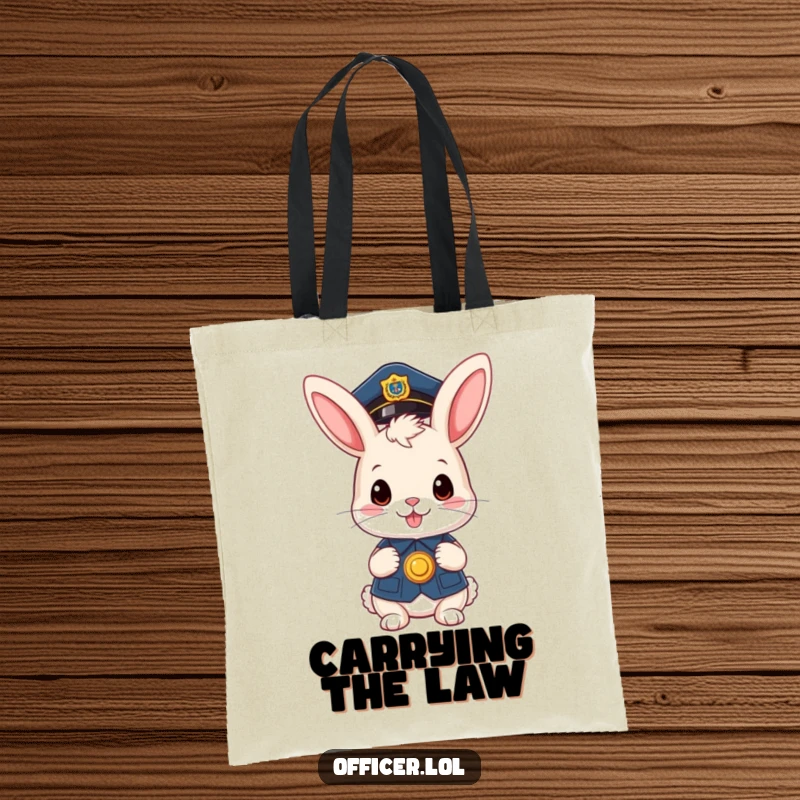 Funny tote bag: A cute bunny officer holding a badge, a charming and funny gift.
