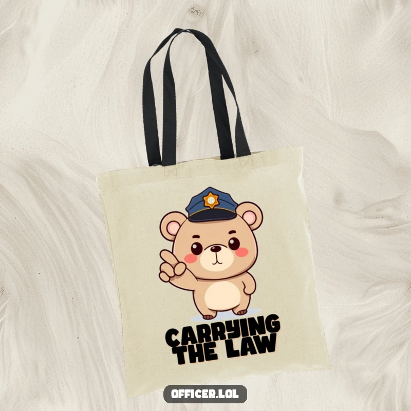 Funny tote bag featuring a determined cartoon bear police officer in a small hat, pointing forward with a stern, happy face.