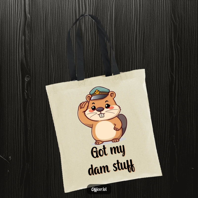 Funny beaver tote bag featuring a determined beaver in a tiny cap saluting, perfect for carrying daily essentials with humor.