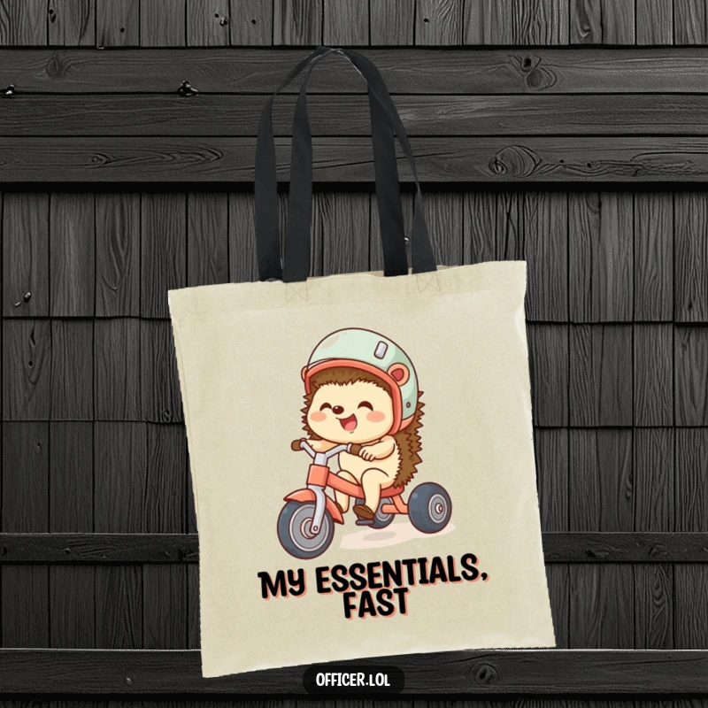 Funny tote bag featuring a giggling hedgehog in a helmet riding a tricycle, adding a dose of adorable fun to your daily carry.
