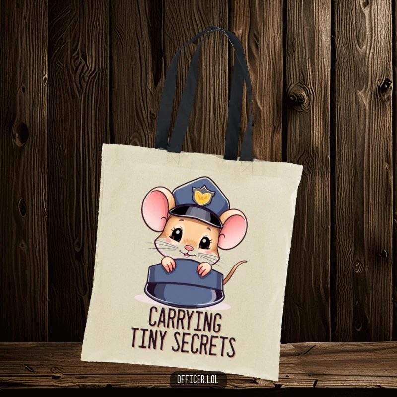 Funny Tote Bag: Curious mouse peeking from behind a police hat, perfect for carrying essentials with a hint of mystery.