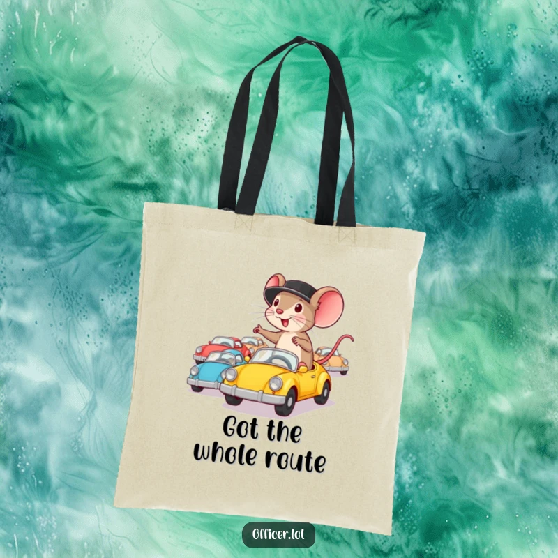 Funny tote bag with a determined mouse in a hat enthusiastically directing a group of tiny toy cars.