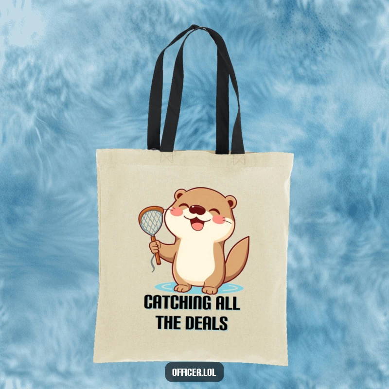 Funny Tote Bag: A happy otter holds a net with a triumphant grin, perfect for carrying belongings with joy.