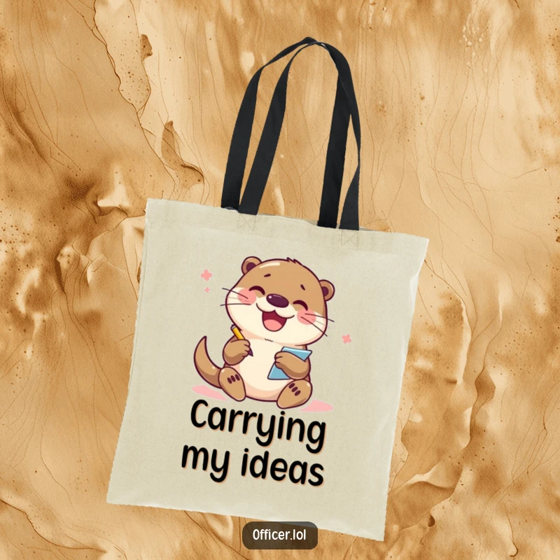 Funny Otter Tote Bag: An enthusiastic otter character writes notes on a notepad, perfect for carrying books and daily must-haves with humor.