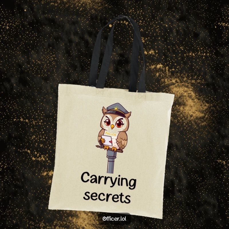 Funny owl officer tote bag, winking owl on a lamppost with notepad, practical and wise.