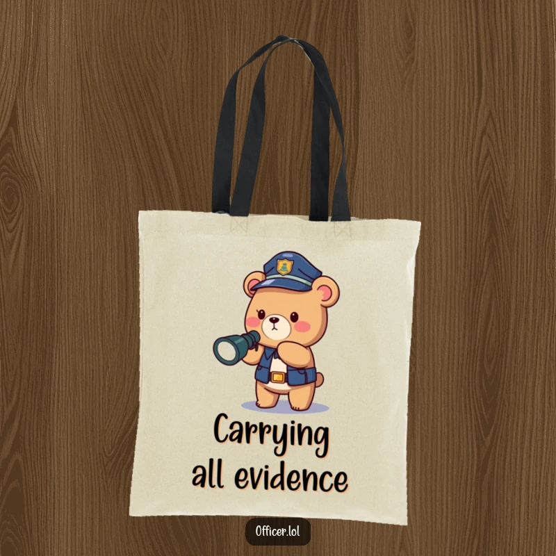 Funny police bear tote bag, showcasing a brave officer with a flashlight, perfect for carrying items with humor.