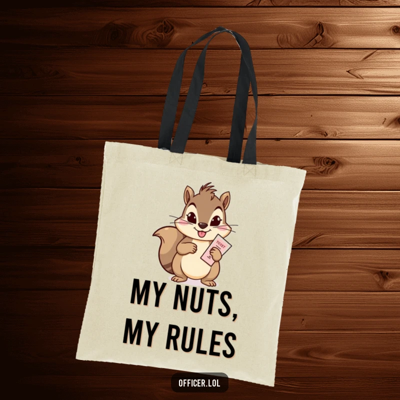 Funny tote bag featuring a squirrel gleefully issuing a citation, perfect for carrying daily items with a touch of mischievous fun.