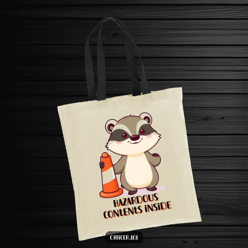 Funny tote bag showcasing a determined badger proudly holding a striped traffic cone, ideal for carrying items with a humorous and proud flair.