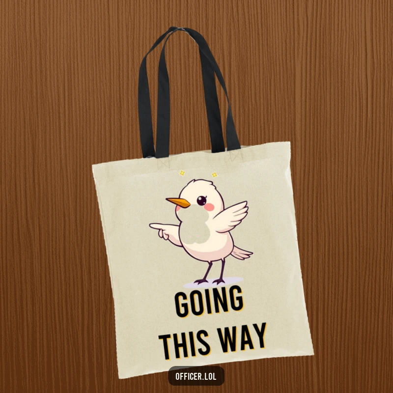 Funny tote bag with a twinkling starling making a directive pointing gesture, ideal for carrying essentials.