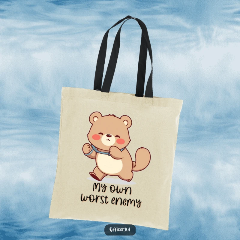 Funny tote bag illustrating a bear in handcuffs playfully chasing its tail, a charming and humorous design for daily use.