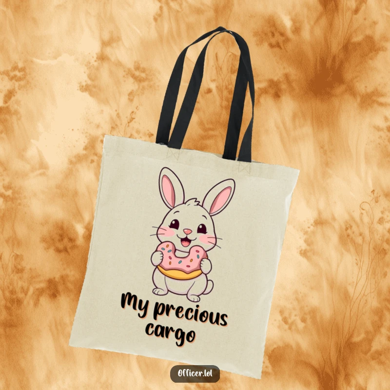 Funny tote bag featuring a rabbit with a donut, eyes sparkling with pure delight, a sweet and humorous accessory for daily use.