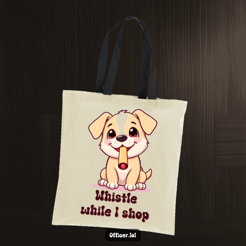 Funny tote bag showing a cheerful puppy blowing a whistle with an excited grin, perfect for carrying essentials with a dose of fun.
